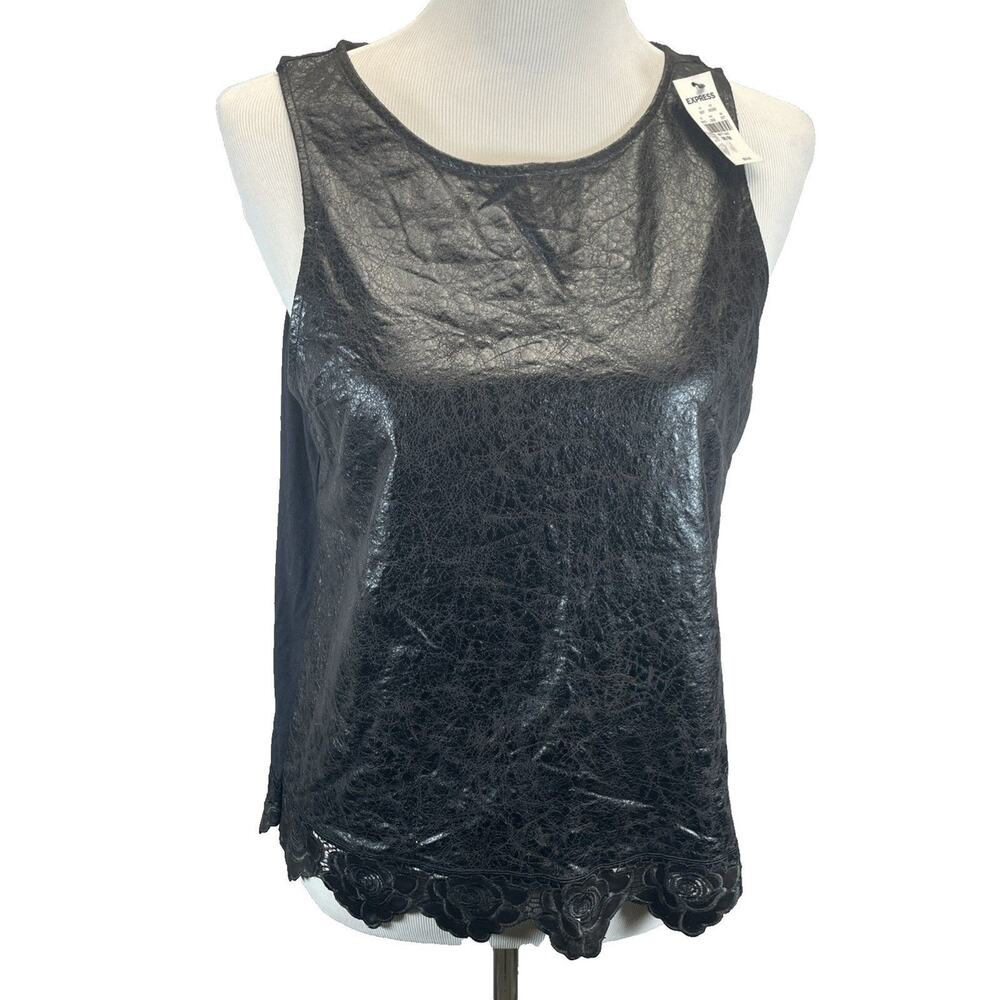 NWT Express Faux Leather Sleeveless Black Top Women's Med Floral Roses Lace Trim